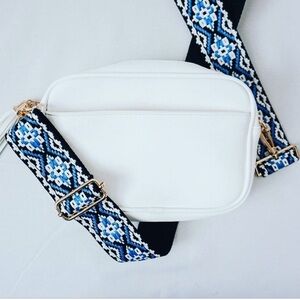 Threaded pear aztec blue guitar strap rose gold hardware crossbody bag in white